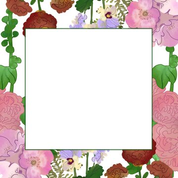 Beautiful floral square frame, primrose, pansies, marigold, rosehip, double hollyhock