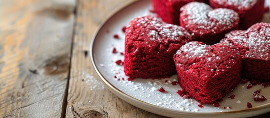 Heart-shaped red velvet cakes on a white plate. - obrazy, fototapety, plakaty