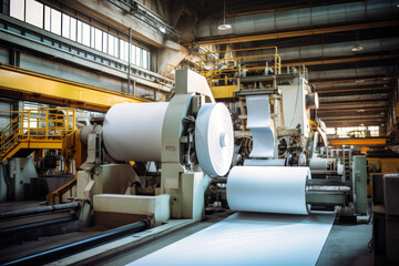 Modern paper production plant. Close-up of industrial equipment. Coated paper and cardboard. - obrazy, fototapety, plakaty
