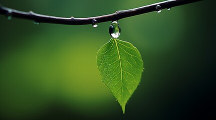 A solitary droplet of water hanging from a leaf, capturing the essence of stillness.