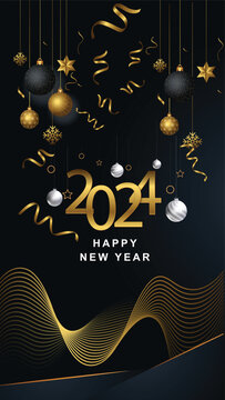 Happy New Year card with Christmas decorations, gifts, Champagne and clock., 2024 Happy New Year, Greeting Card, Happy new year card with golden text