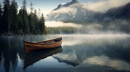A solitary rowboat anchored in the still waters of a serene mountain lake