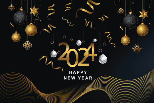 Happy New Year card with Christmas decorations, gifts, Champagne and clock., 2024 Happy New Year, Greeting Card, Happy new year card with golden text