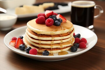 Fluffy Breakfast Pancakes with Sweet Honey and Fresh Berries - A Mouthwatering Morning Delight
