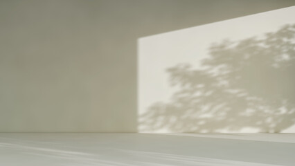 Minimal abstract tree shadow background for product presentation. Shadow and light from windows on plaster wall. 3D Render