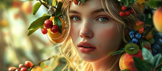 The stunning blonde girl has a lovely face adorned with fruit and berries like peaches, kiwi, plum, raspberry, orange, and lemon.