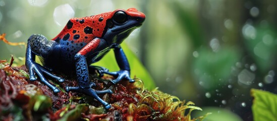 Costa Rican rain forest morphs red blue poison frog. - obrazy, fototapety, plakaty