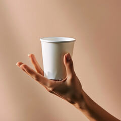 Elegant hand holding a blank white paper cup against a soft peach backdrop, ideal for beverage branding