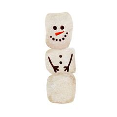 Watercolor illustration of a snowman made of marshmallows.