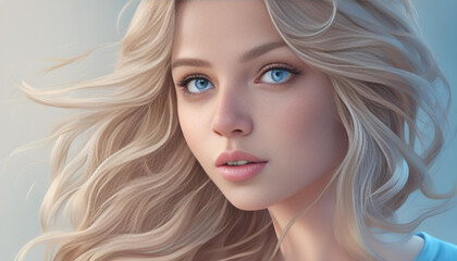 Portrait of a beautiful girl with blue eyes and long flowing hair, cartoon theme