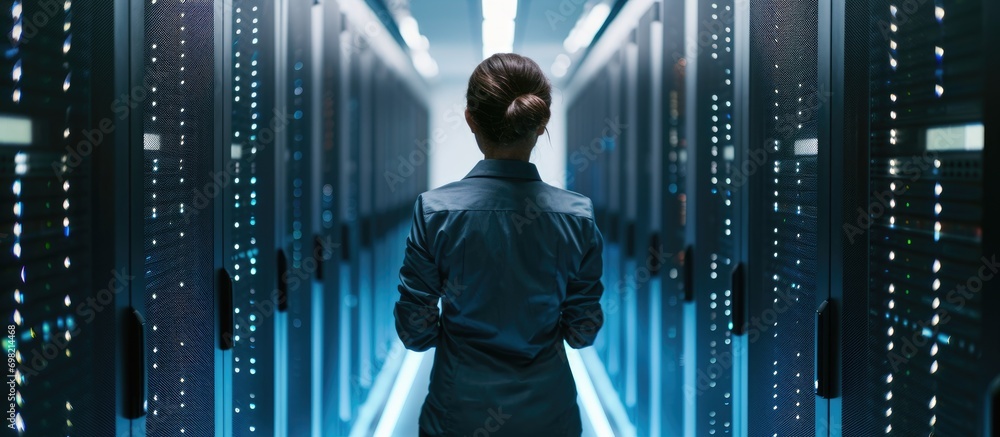 Poster female programmer and it specialist overseeing cloud computing servers in a data center. system admi