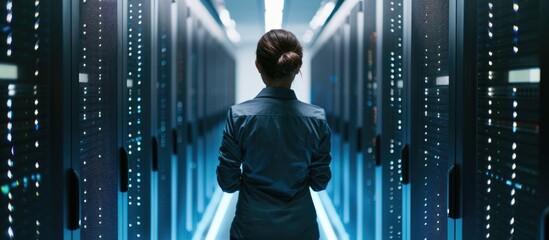 Female programmer and IT specialist overseeing cloud computing servers in a data center. System administrator focusing on cybersecurity for IaaS, SaaS, and PaaS. Shot from behind.