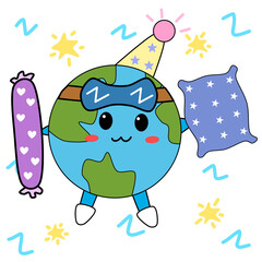 Illustration design concept world sleep day cute earth Hold a pillow and bolster and put on your goggles to get ready to sleep.