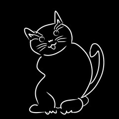 Outline cat sitting turn sideway illustration on black background