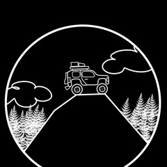 Silhouette camping landscape Car parked on top of mountain for symbol logo illustration