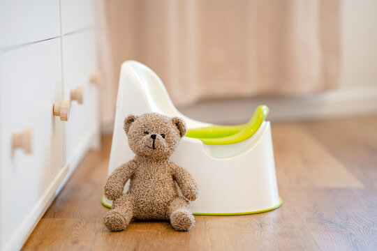 A toy bear sits on a baby potty in a room, the concept of potty training a child