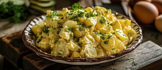 Yellow potato salad made with homemade eggs and pickles. - obrazy, fototapety, plakaty