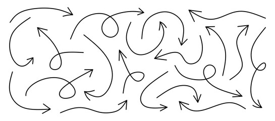 Curved arrows set. Hand drawn pointers collection isolated on white background. Sketch of various arrow pointing different directions in doodle style for business plan, presentation, education. Vector