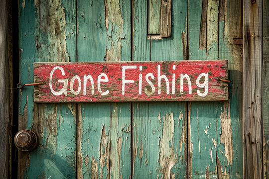 Rustic Gone Fishing Sign on Weathered Wood Against a Green Wooden Door Background