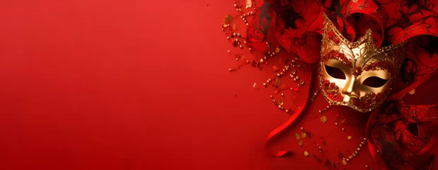 Foto op Plexiglas A majestic golden carnival mask showcased against a bold red background, Mardi Gras © Alina