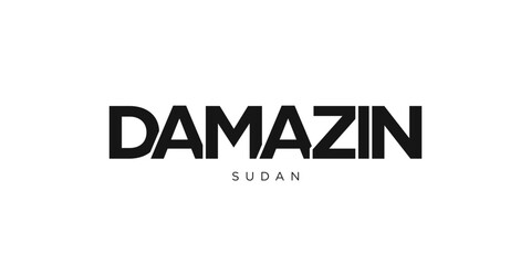 Damazin in the Sudan emblem. The design features a geometric style, vector illustration with bold typography in a modern font. The graphic slogan lettering.