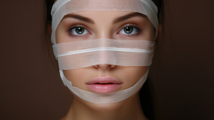 face of a young woman in bandages after plastic surgery, portrait of a beautiful girl, model, medicine, treatment, wound, recovery, skin, health, hospital, illness, studio, photo, black background - obrazy, fototapety, plakaty