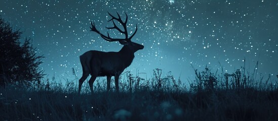 Nighttime silhouette of a deer with large antlers amidst starlight trail.
