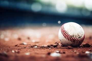 A close up of Ball of baseball on the fresh green grass lawn of the playing field, Baseball Stadium, cinematic, blurred background with copy space
