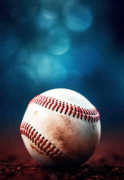 A close up of Ball of baseball on the playing field, cinematic, blurred background with copy space