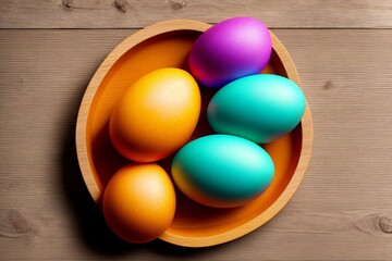 Colorful easter eggs on wooden table.