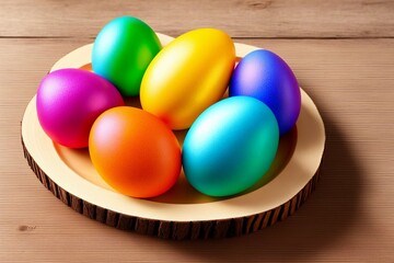Fototapeta na wymiar Colorful easter eggs on wooden table.