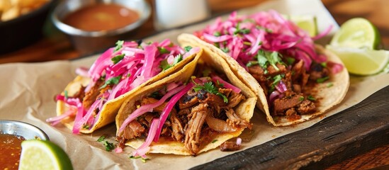 Yucatan style tacos with pit-roasted marinated pork, habanero sauce, and pickled onions. - obrazy, fototapety, plakaty