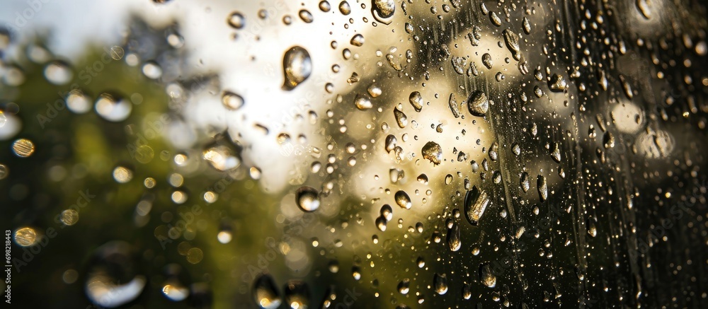 Sticker water droplets on window form natural textured background.