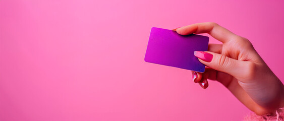Obraz premium Woman's hand holding a purple bank card, pink background