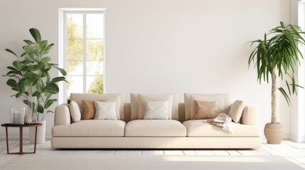Interior of modern living room with white walls, wooden floor, comfortable white sofa and coffee table