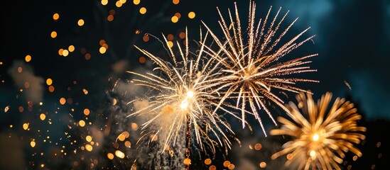 Fototapeta premium Night sky illuminated by bright white fireworks explosion.
