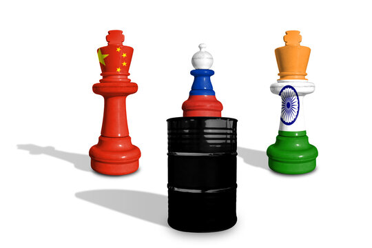 Chess made from China, Russia and India flags. Sanctions and embargo for Russia. Price cap on Russian urals crude oil barrel. India and China buy cheap Russian urals oil