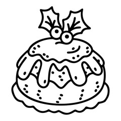Christmas cake outline, flat vector illustration black and white, for coloring book, isolated on white background