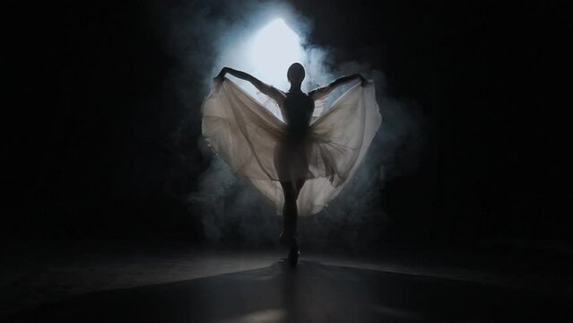 Portrait of female on black background under spotlight projector. Ballerina in white tulle showing beautiful choreography in smoke.