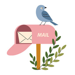 A cute pink mailbox with a letter. A bird and plants. Vintage, retro. Vector, flat, cartoon illustration