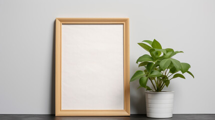 Mockup of a frame with a plant on a gray background