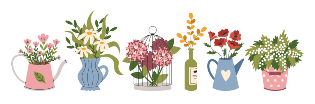 A set of different Colors in vases. Hydrangea, tulips, poppies. A cage and teapots. Vintage, retro. Vector, flat, cartoon illustration