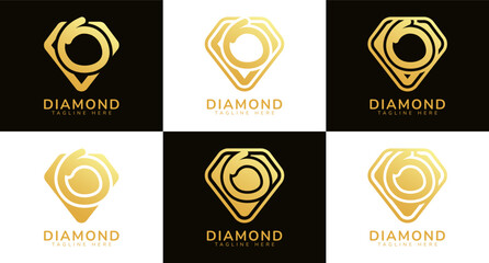 Set of diamond logos with initial letter O. These logos combine letters and rounded diamond shapes using gold gradation colors. Suitable for diamond shops, e-commerce