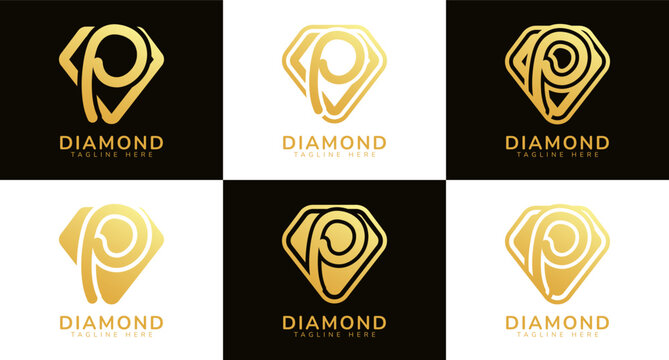 Set of diamond logos with initial letter P. These logos combine letters and rounded diamond shapes using gold gradation colors. Suitable for diamond shops, e-commerce