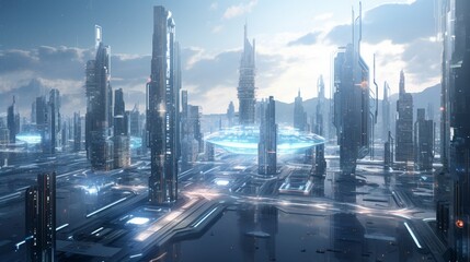A visionary AI concept for a futuristic cityscape, showcasing how artificial intelligence shapes architectural design and urban planning