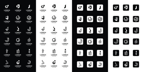 Set of abstract initial letter J logo templates with icons, symbols for business of fashion, automotive, financial, and others - obrazy, fototapety, plakaty