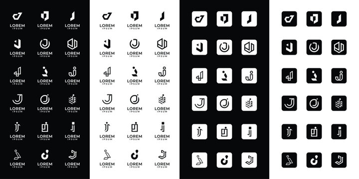 Set of abstract initial letter J logo templates with icons, symbols for business of fashion, automotive, financial, and others
