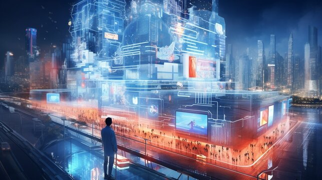 A visionary AI concept for a futuristic cityscape, showcasing how artificial intelligence shapes architectural design and urban planning