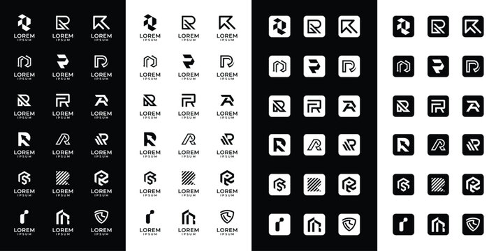 Set of abstract initial letter R logo templates with icons, symbols for business of fashion, automotive, financial, and others