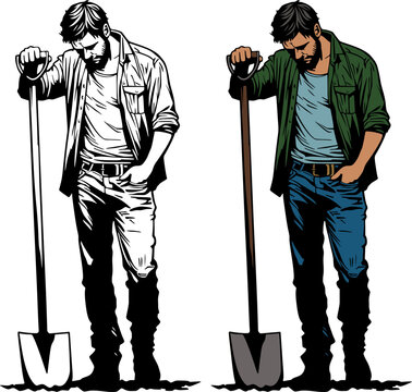 tired man standing with a shovel, vector image
